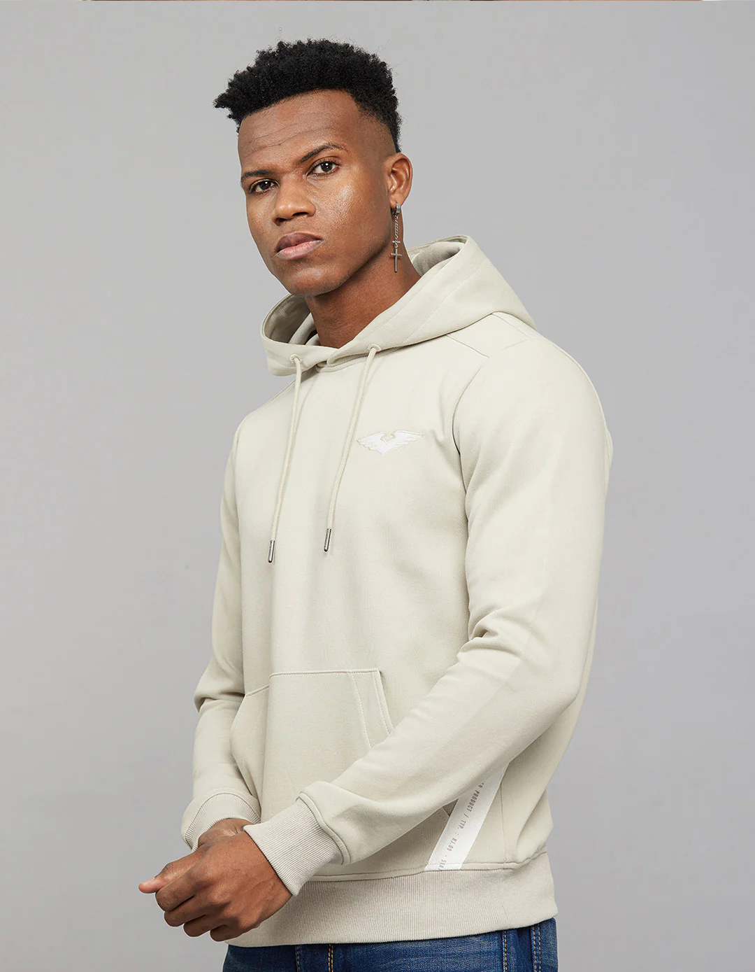 Beige Full Sleeves Hoodie With Front Kangaroo Pockets - Image 3
