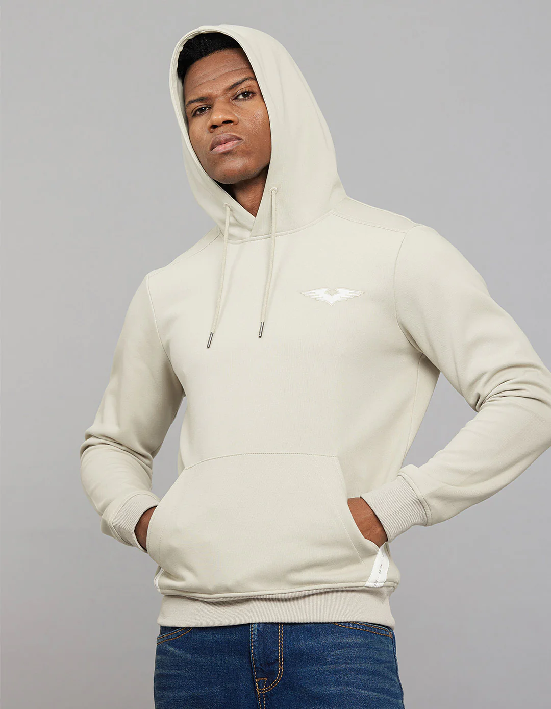 Beige Full Sleeves Hoodie With Front Kangaroo Pockets - Image 6