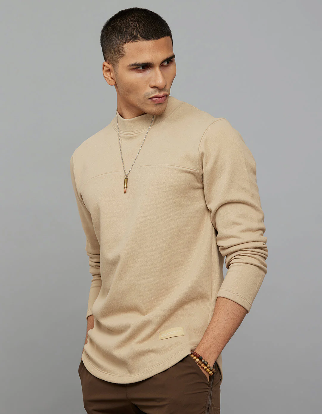 Beige Round Neck Full Sleeves Sweatshirt - Image 4