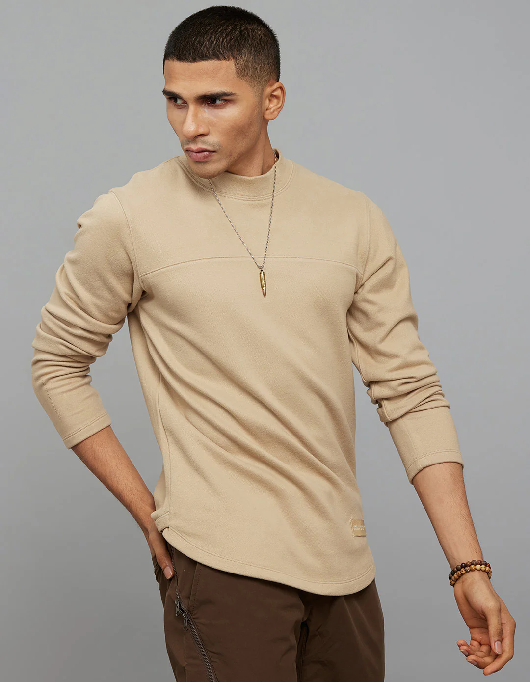 Beige Round Neck Full Sleeves Sweatshirt - Image 5