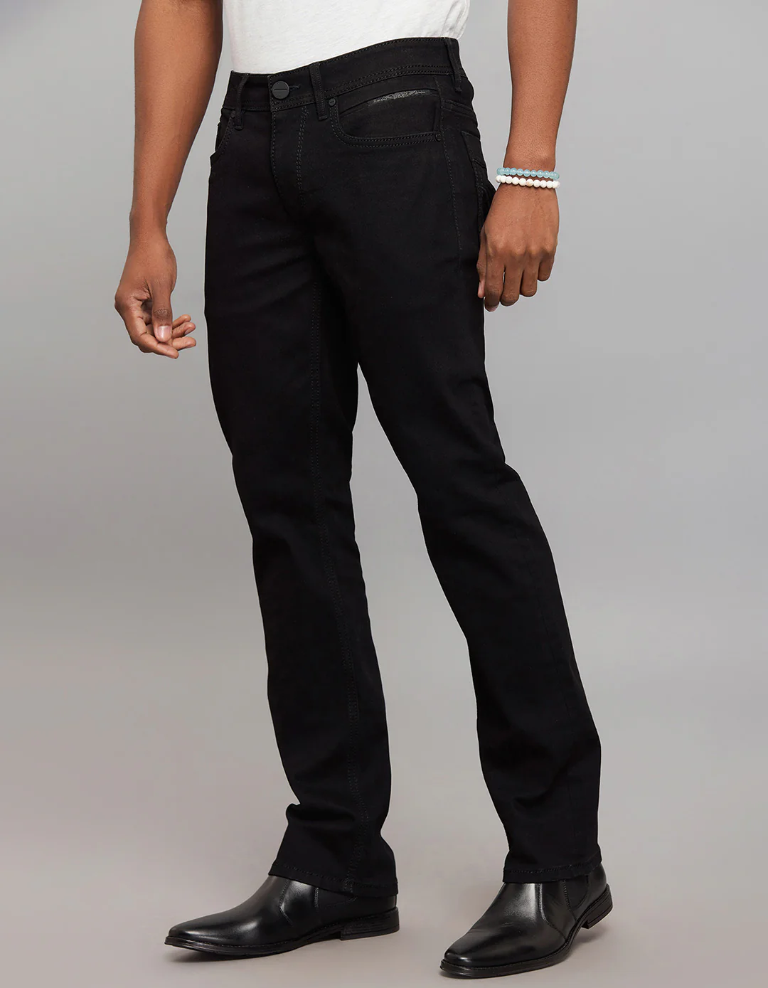 Black 5 Pocket Mid Rise Loose Boot Leg Stretch Jeans - Image 3