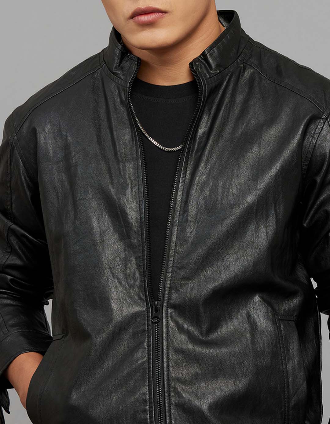 Black Zipper Front Closure Long Sleeves Leather Jacket - Image 5