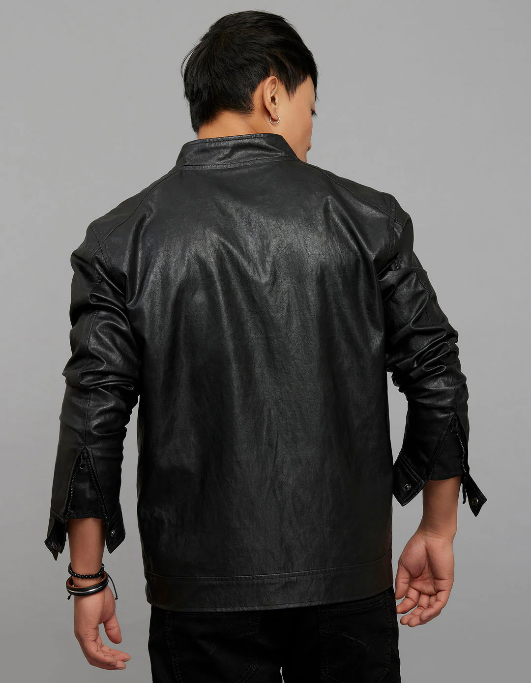 Black Zipper Front Closure Long Sleeves Leather Jacket - Image 6