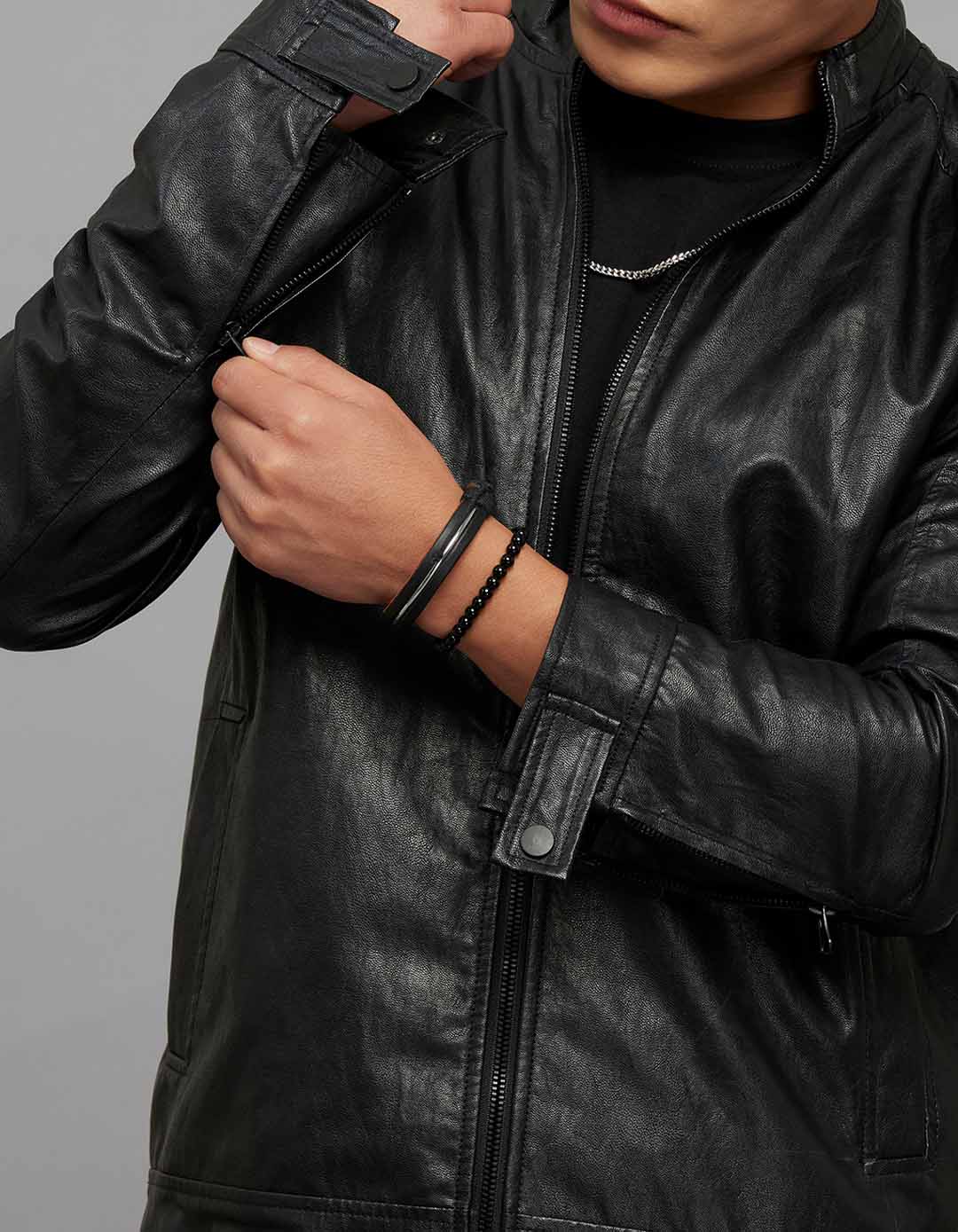Black Zipper Front Closure Long Sleeves Leather Jacket - Image 7
