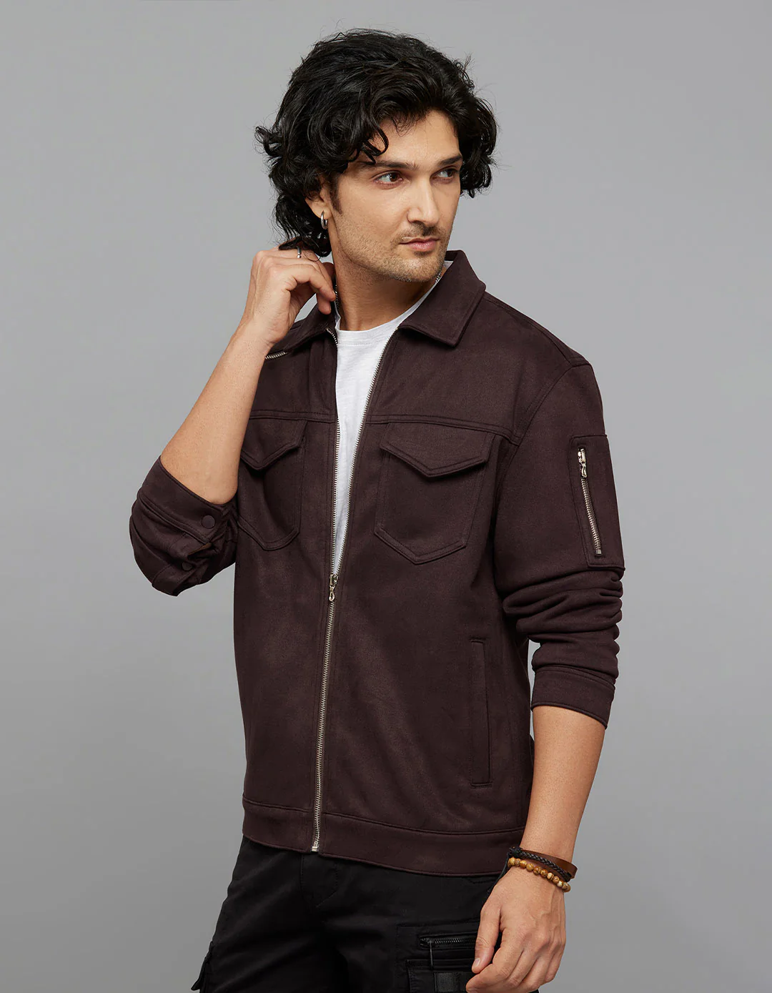 Burgundy Zipper Front Closure Long Sleeves Suede Jacket - Image 3