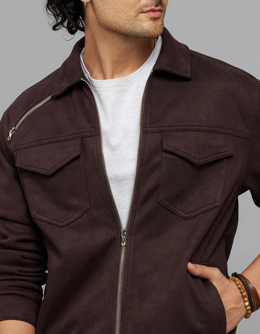 Burgundy Zipper Front Closure Long Sleeves Suede Jacket - Image 4