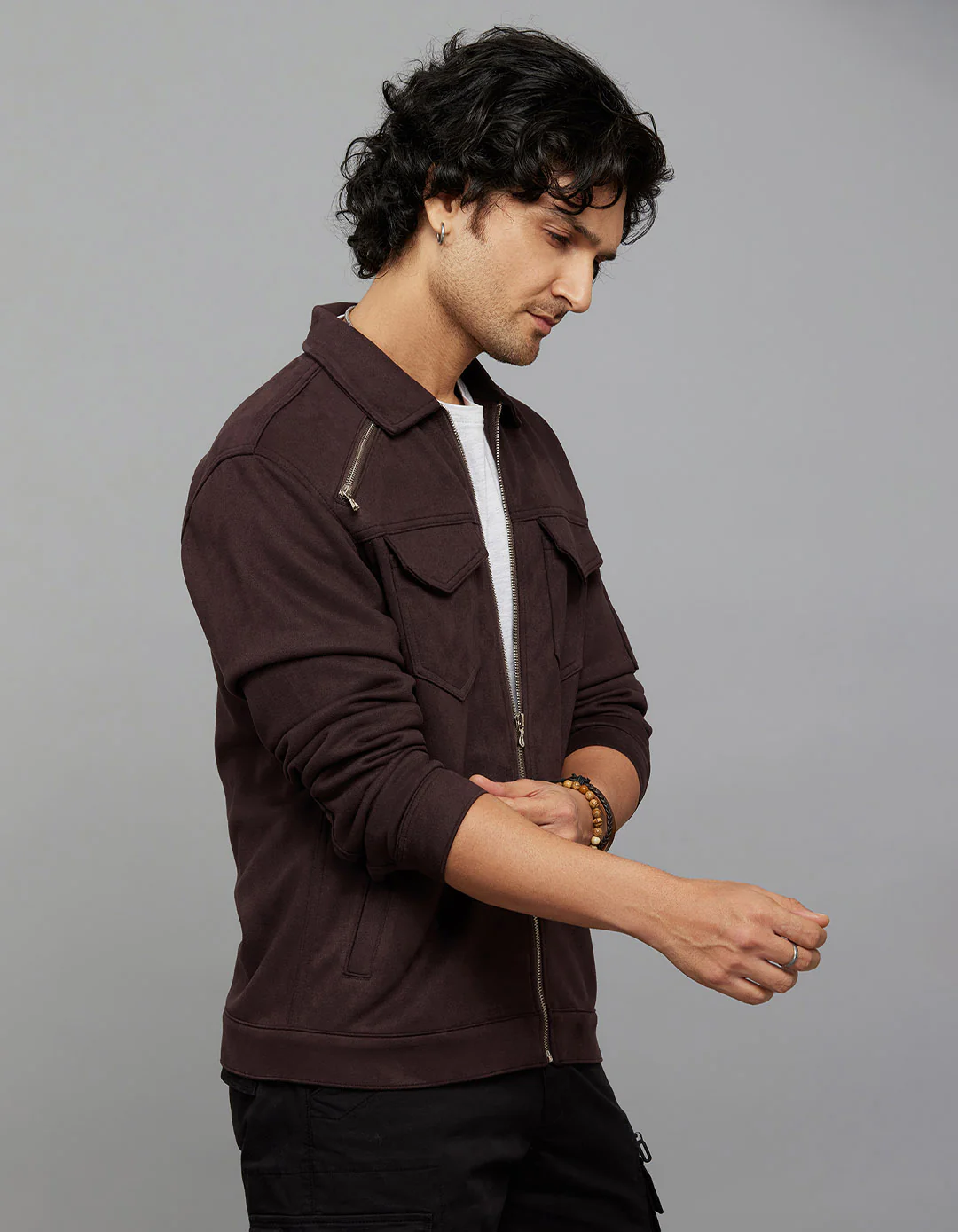 Burgundy Zipper Front Closure Long Sleeves Suede Jacket - Image 5