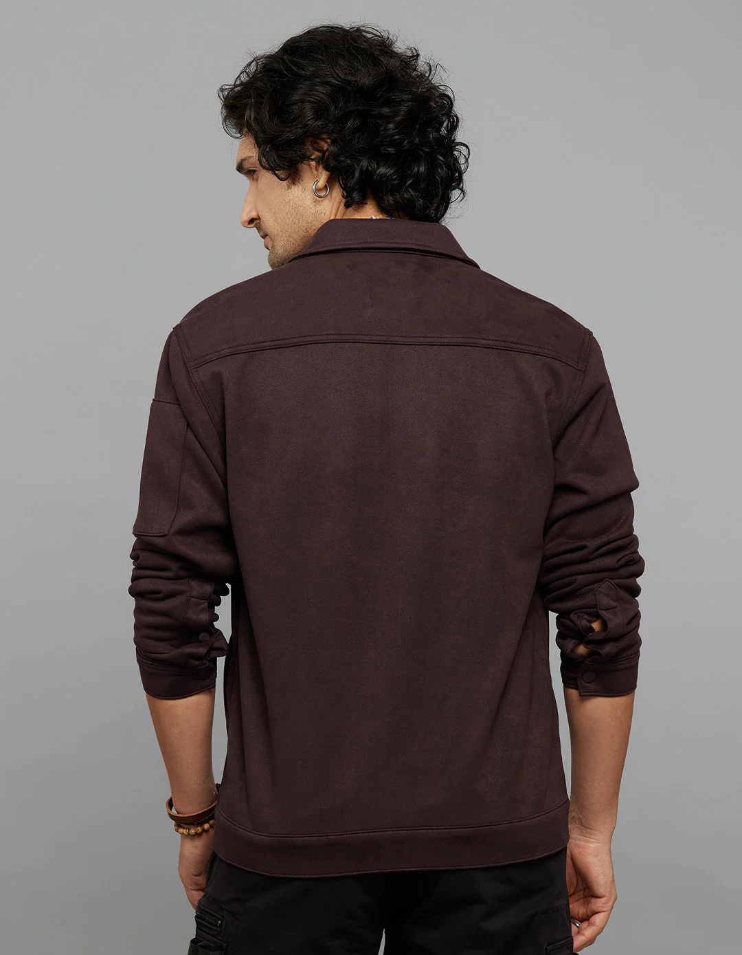 Burgundy Zipper Front Closure Long Sleeves Suede Jacket - Image 6