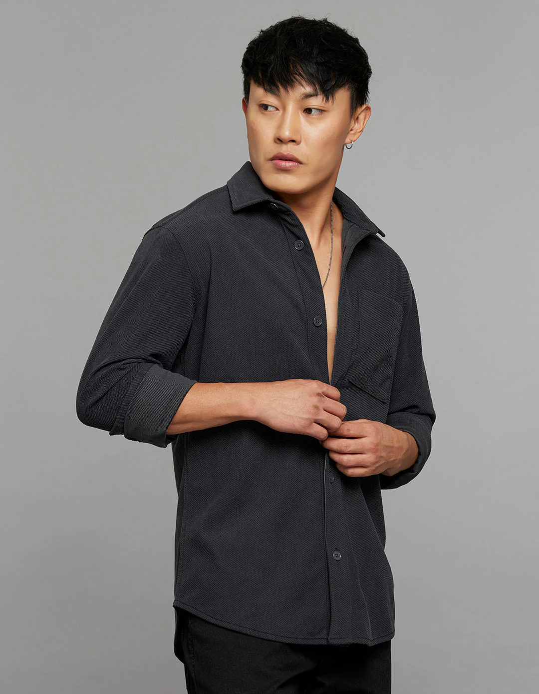 Charcoal Full Sleeves Button Front Closure Shacket - Image 3