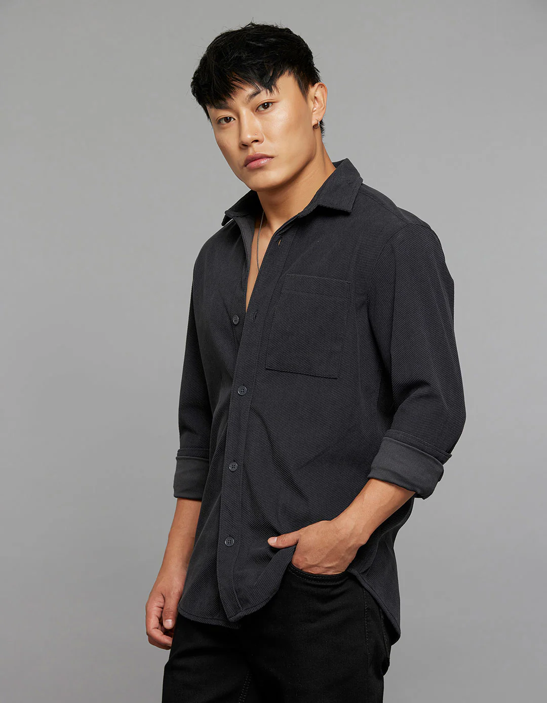 Charcoal Full Sleeves Button Front Closure Shacket - Image 4