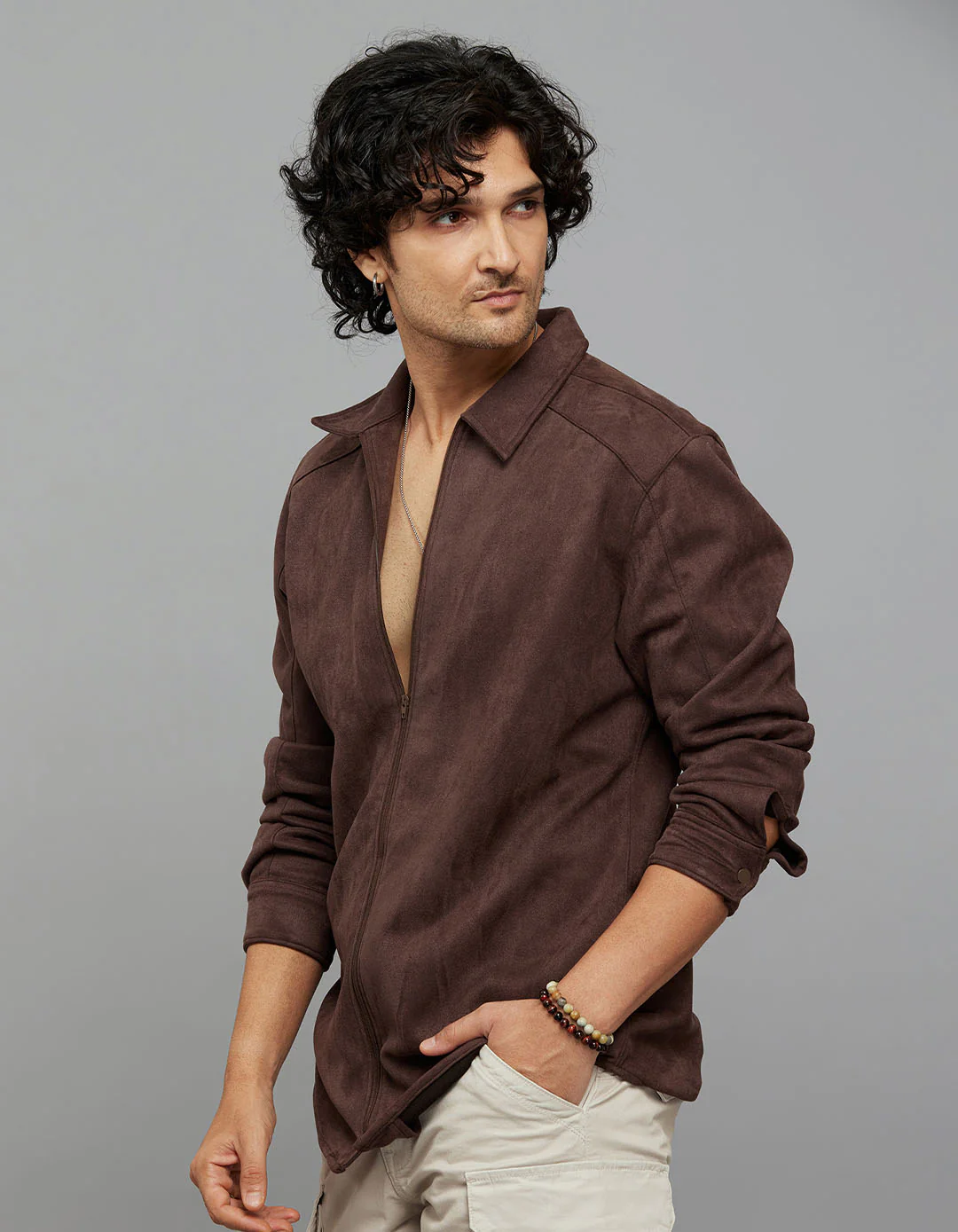 Coffee Full Sleeves Zipper Front Closure Suede Shacket - Image 3