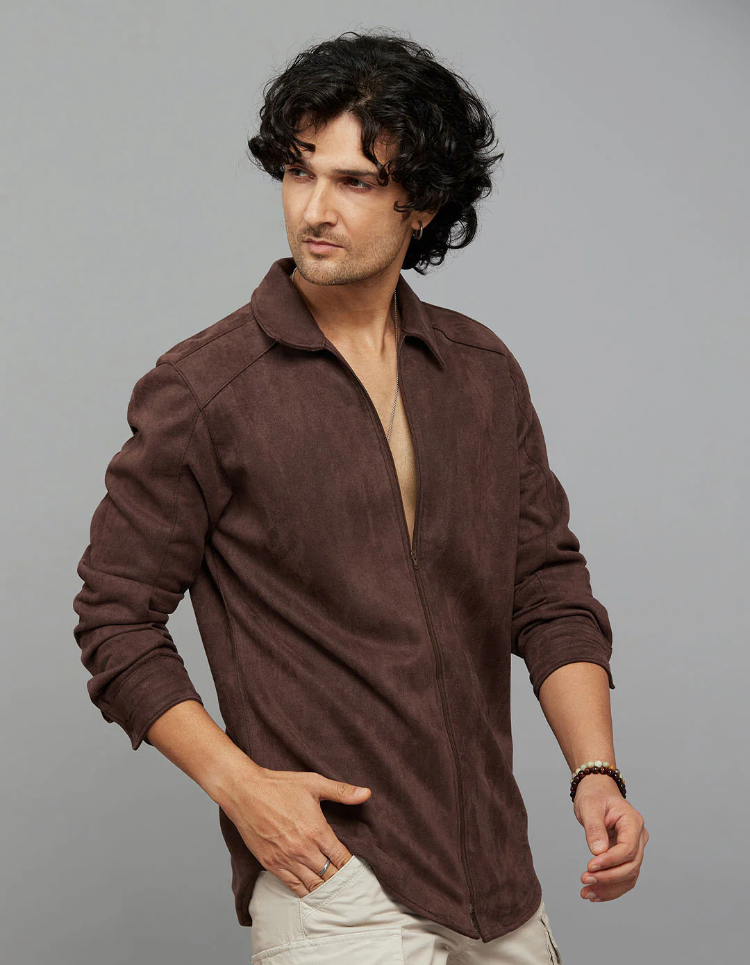 Coffee Full Sleeves Zipper Front Closure Suede Shacket - Image 4