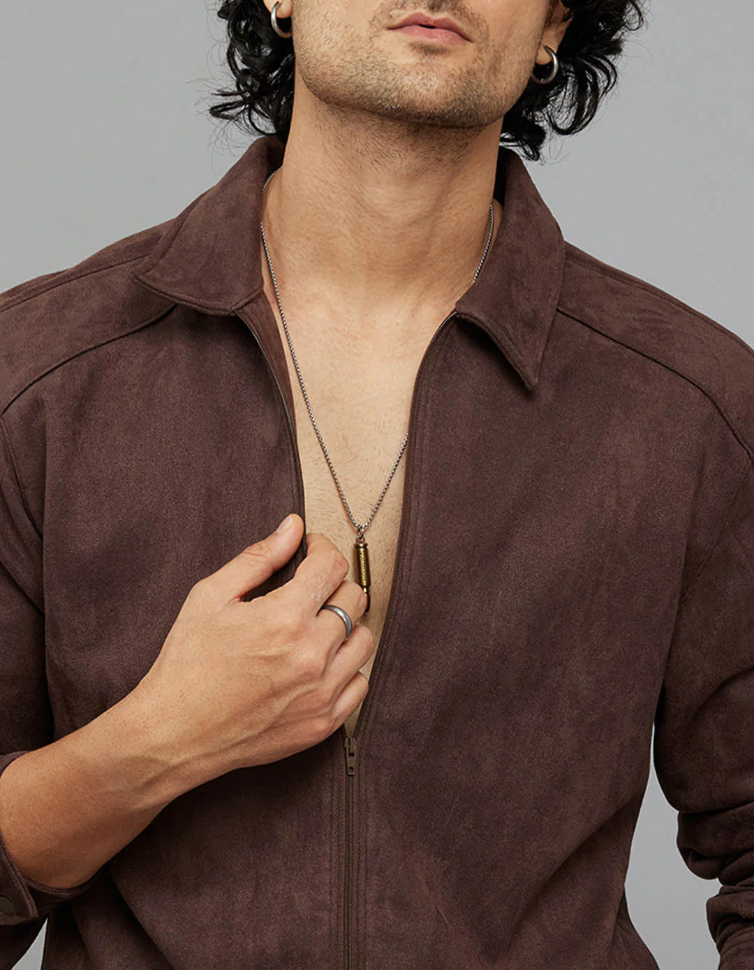 Coffee Full Sleeves Zipper Front Closure Suede Shacket - Image 5