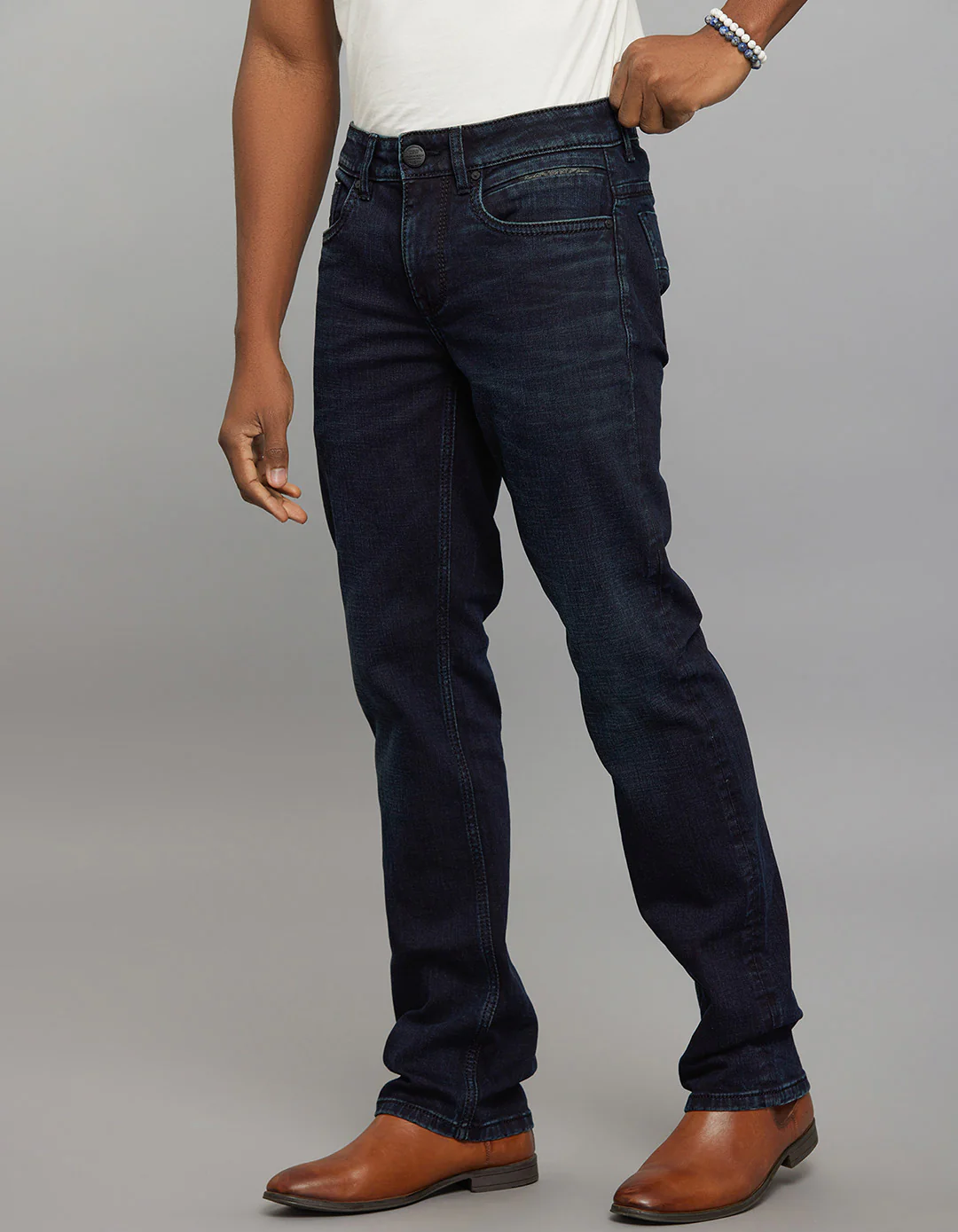 Dark Blue 5 Pocket Mid Rise Loose Boot Leg Stretch Jeans - Image 3