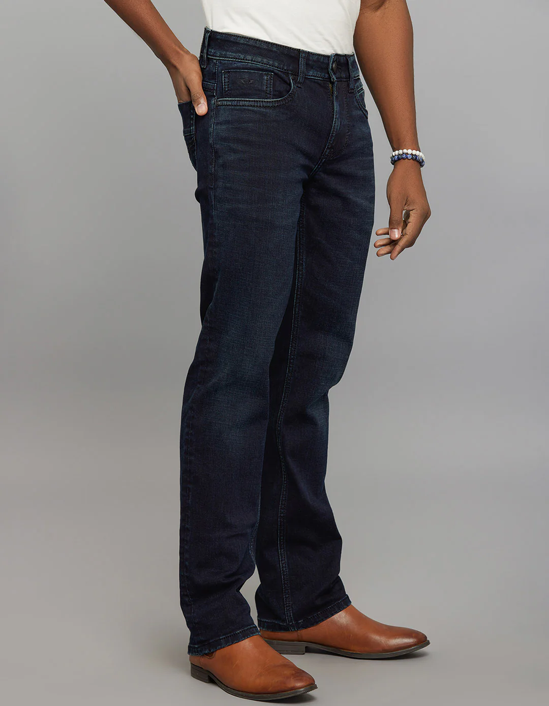 Dark Blue 5 Pocket Mid Rise Loose Boot Leg Stretch Jeans - Image 4