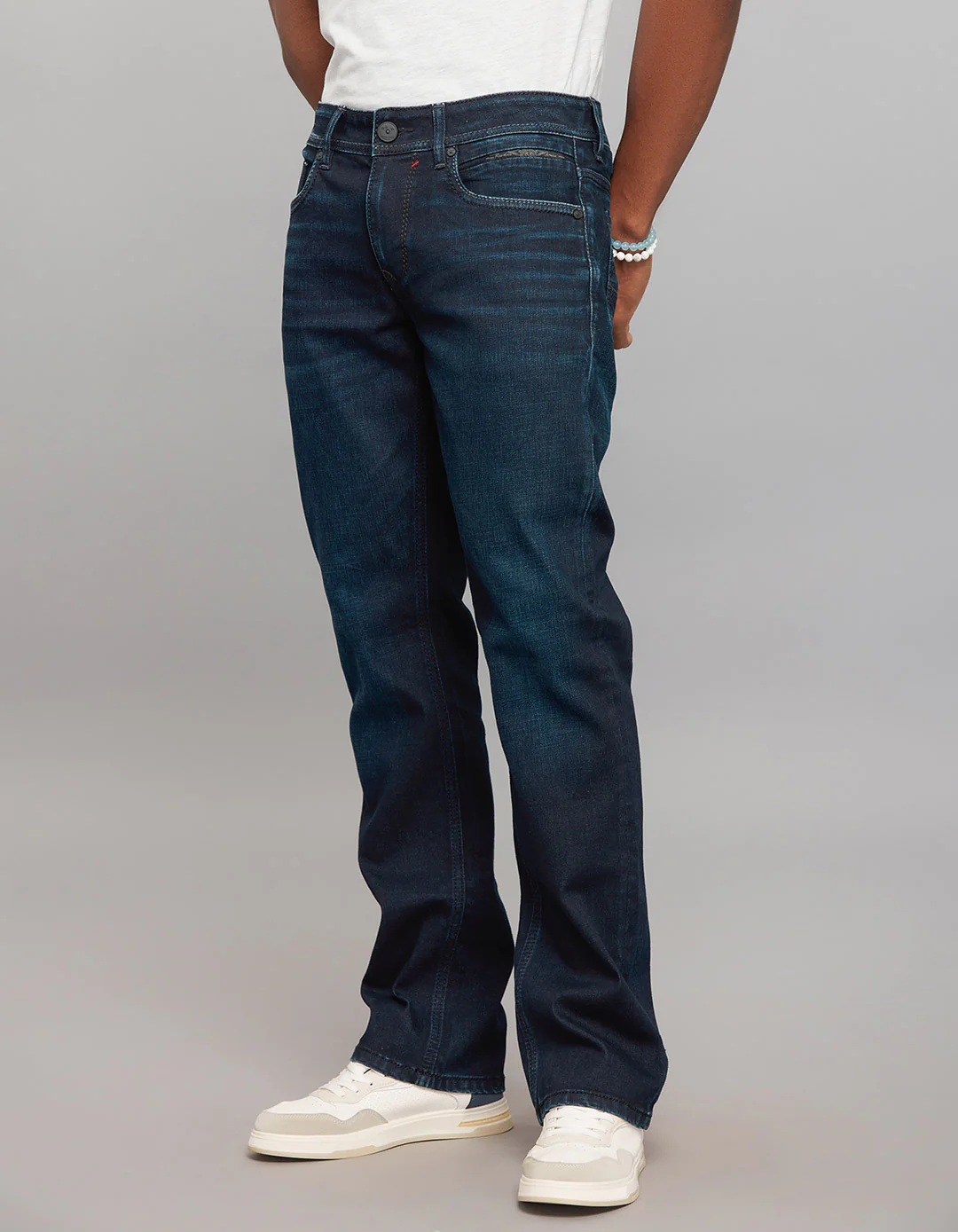 Dark Blue 5 Pocket Mid Rise Loose Boot Leg Stretch Jeans - Image 3