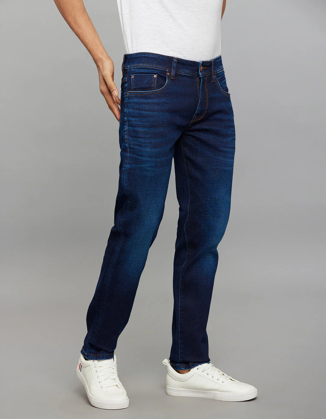 Dark Blue 5 Pocket Mid-Rise Slim Straight Fit Classic Stretch Jeans - Image 3