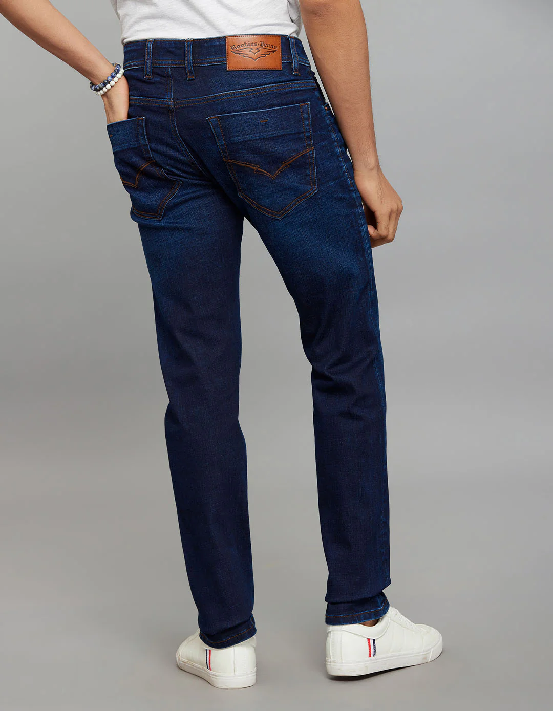 Dark Blue 5 Pocket Mid-Rise Slim Straight Fit Classic Stretch Jeans - Image 5