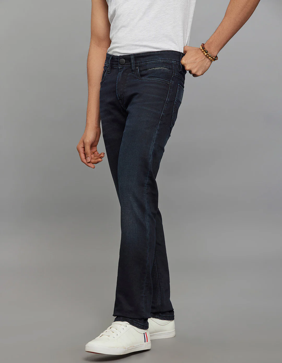 Dark Blue 5 Pocket Mid-Rise Slim Straight Fit Knit Stretch Jeans - Image 3