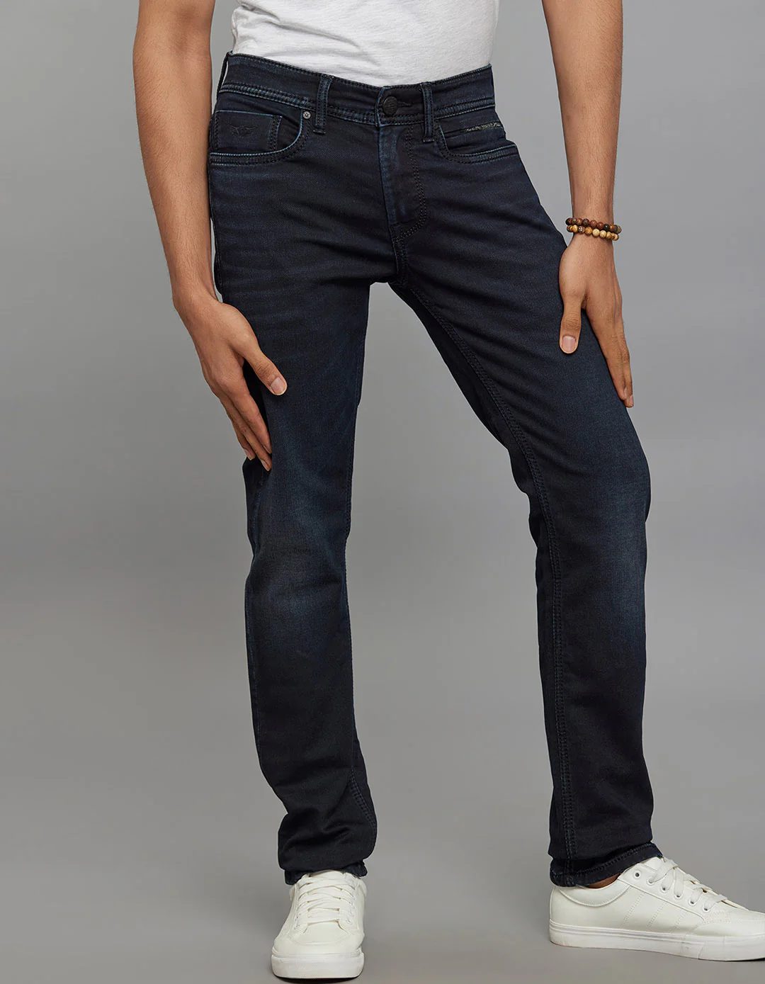 Dark Blue 5 Pocket Mid-Rise Slim Straight Fit Knit Stretch Jeans - Image 4