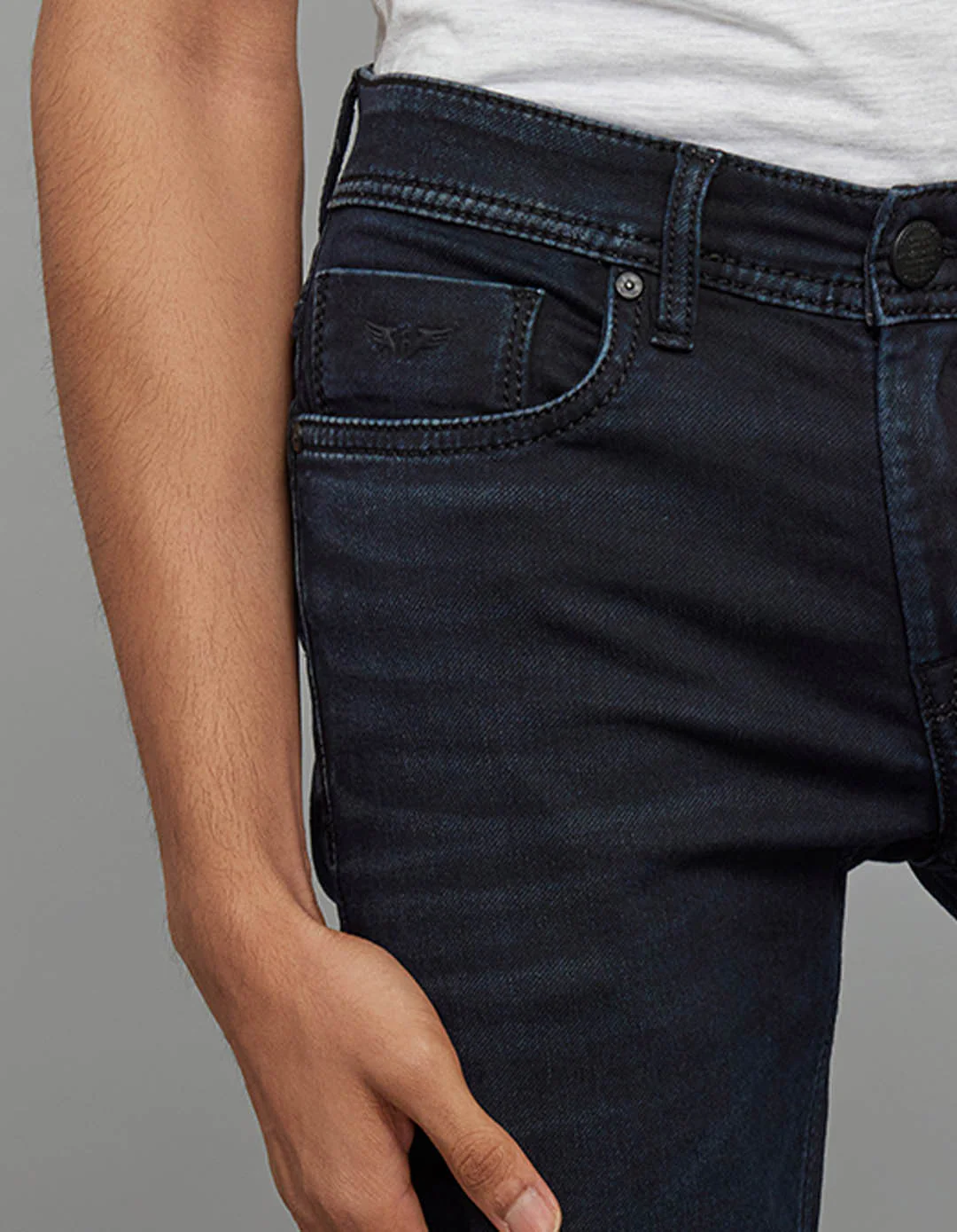 Dark Blue 5 Pocket Mid-Rise Slim Straight Fit Knit Stretch Jeans - Image 5