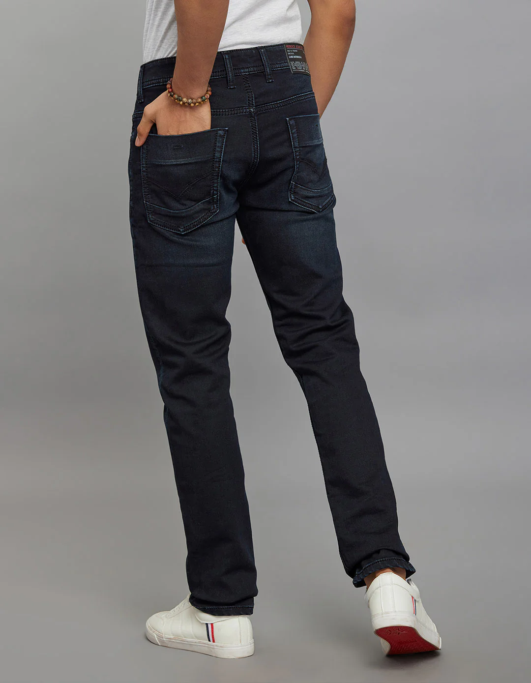 Dark Blue 5 Pocket Mid-Rise Slim Straight Fit Knit Stretch Jeans - Image 6