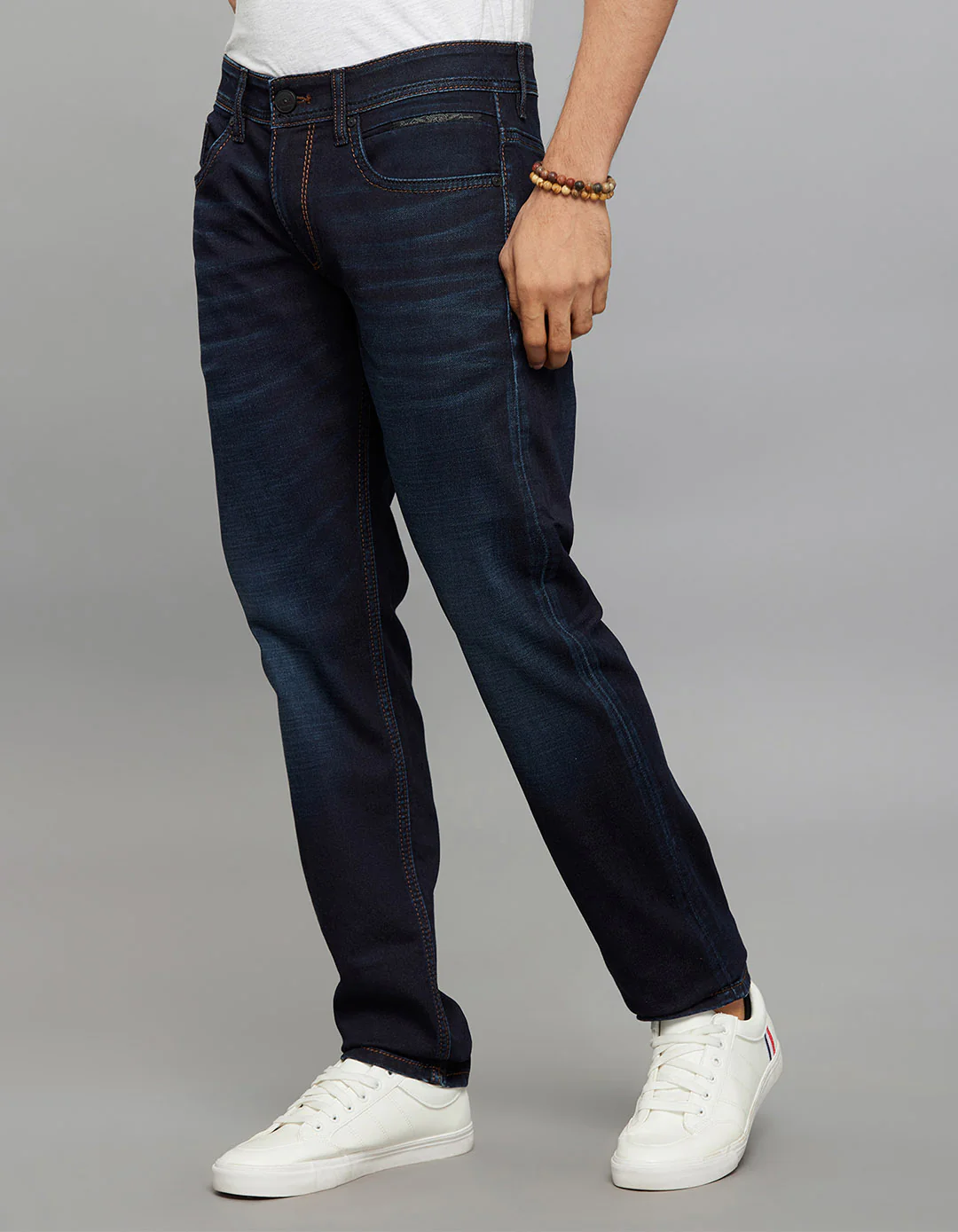 Dark Blue 5 Pocket Mid-Rise Slim Straight Fit Knit Stretch Jeans - Image 3