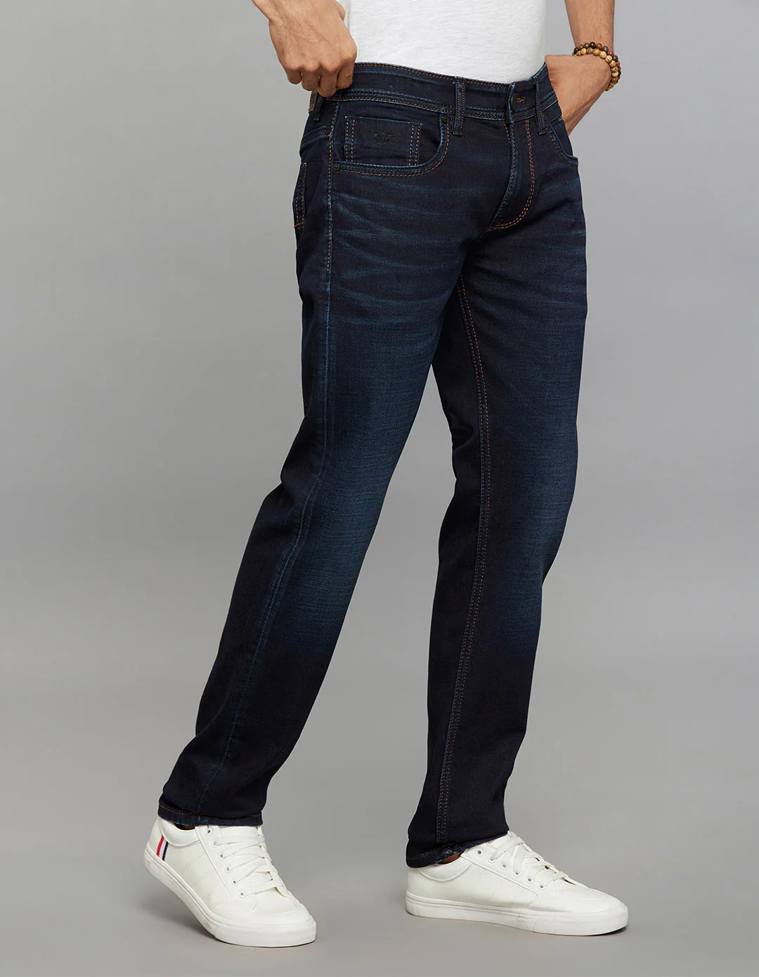 Dark Blue 5 Pocket Mid-Rise Slim Straight Fit Knit Stretch Jeans - Image 4