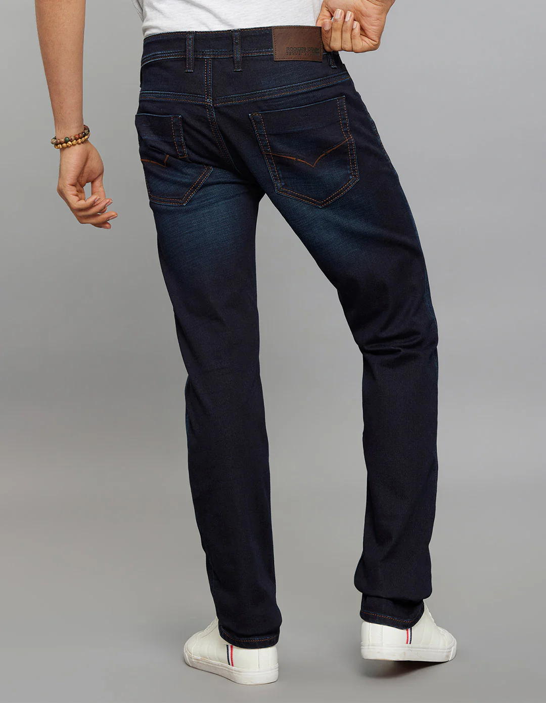 Dark Blue 5 Pocket Mid-Rise Slim Straight Fit Knit Stretch Jeans - Image 5