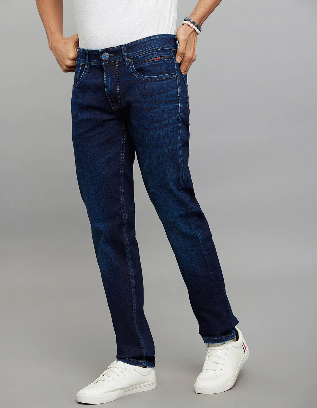 Dark Blue 5 Pocket Mid-Rise Slim Straight Fit Stretch Jeans - Image 3