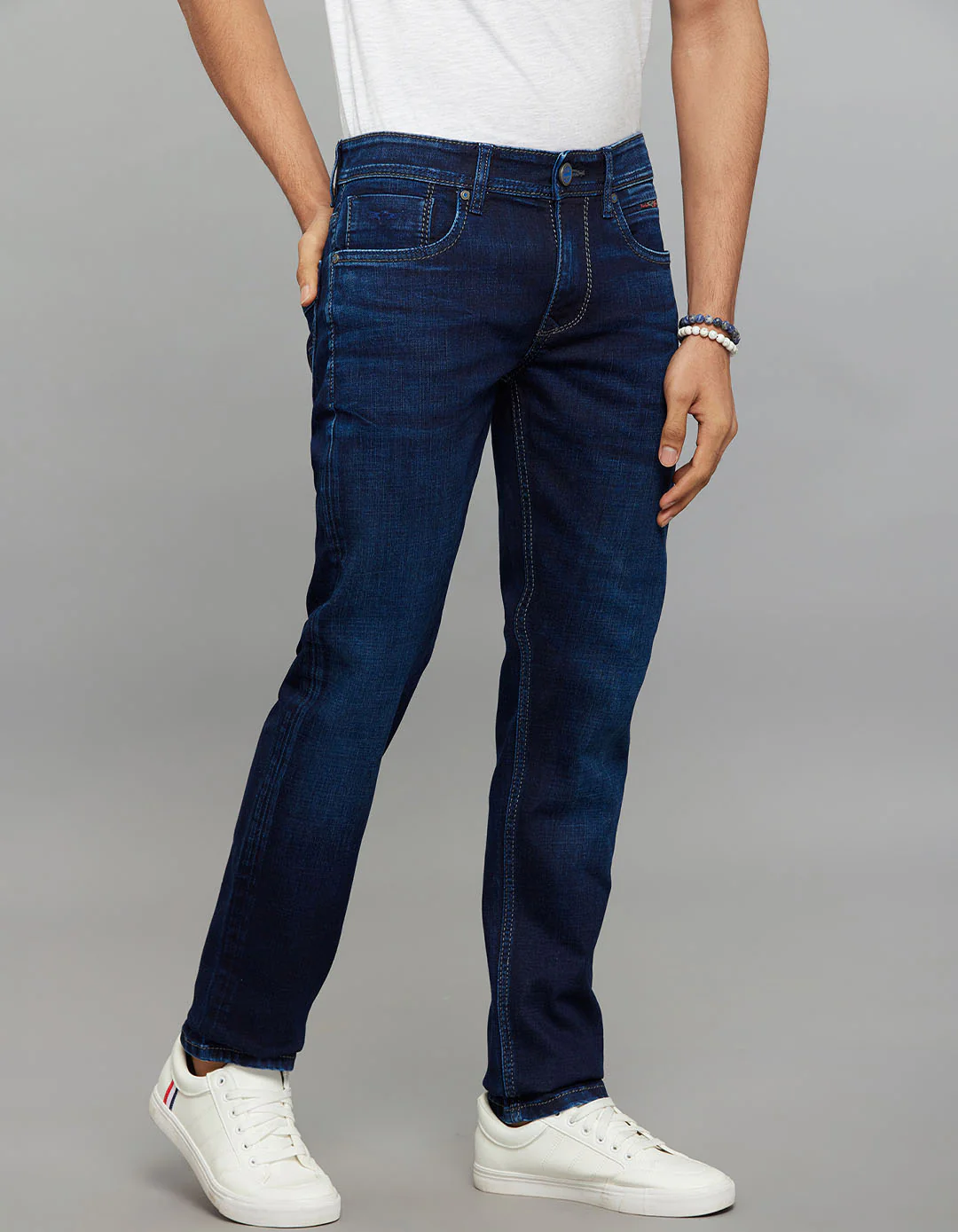 Dark Blue 5 Pocket Mid-Rise Slim Straight Fit Stretch Jeans - Image 4