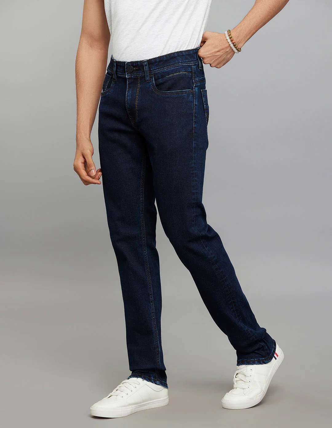 Dark Blue 5 Pocket Mid-Rise Slim Straight Fit Stretch Jeans - Image 3
