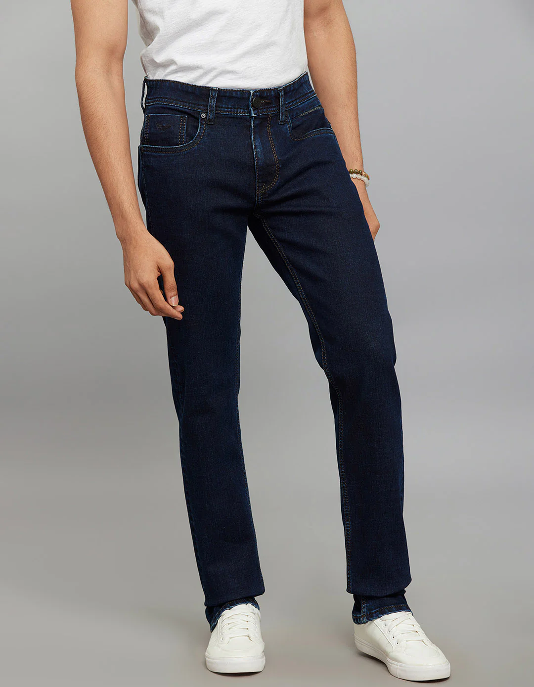 Dark Blue 5 Pocket Mid-Rise Slim Straight Fit Stretch Jeans - Image 4