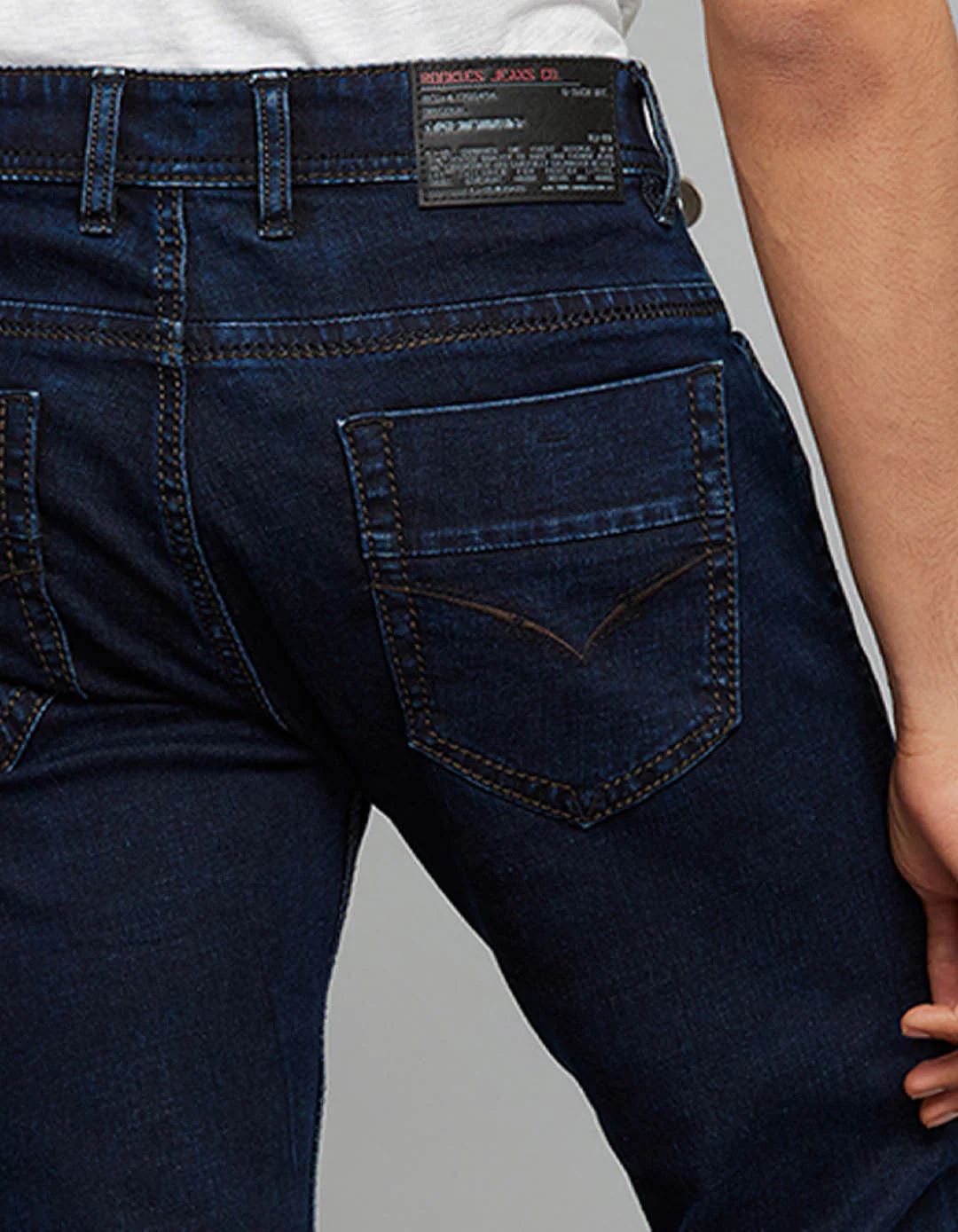 Dark Blue 5 Pocket Mid-Rise Slim Straight Fit Stretch Jeans - Image 6