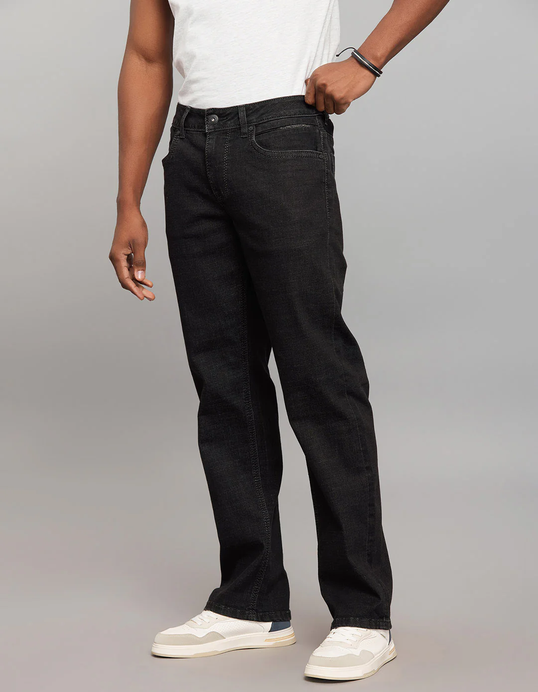 Dark Grey 5 Pocket Midrise, Comfort And Straight Fit Stretch Jeans - Image 3