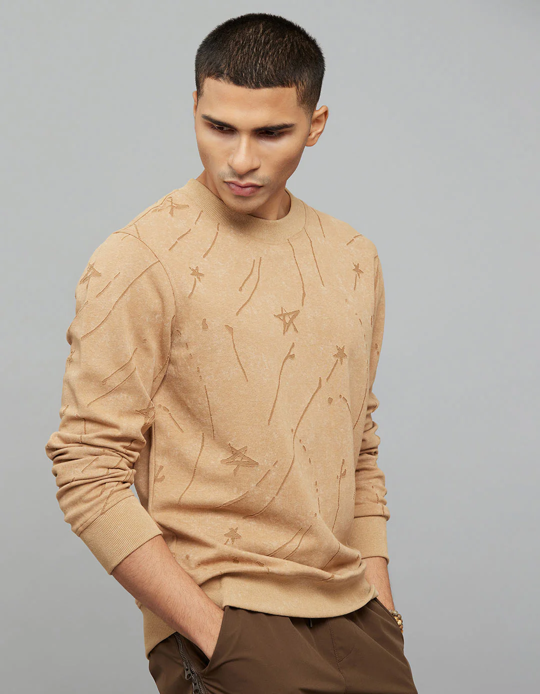 Dark Khaki Round Neck Full Sleeves Sweatshirt - Image 3