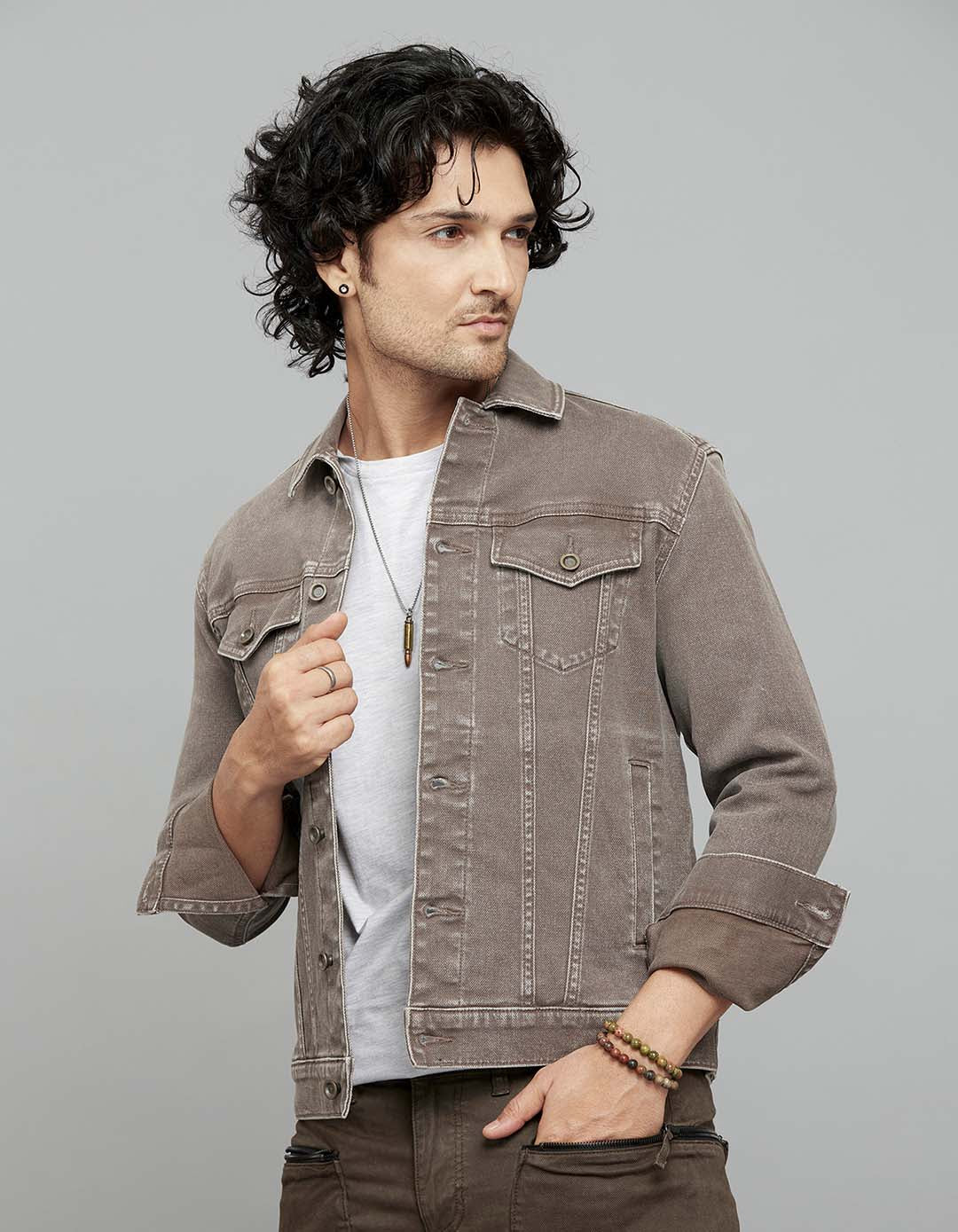Khaki Button Front Closure Classic Flap Pocket Denim Jacket - Image 3