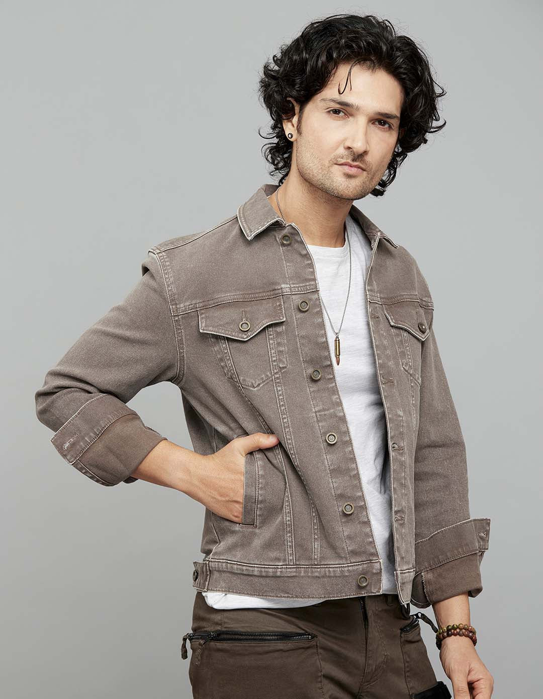 Khaki Button Front Closure Classic Flap Pocket Denim Jacket - Image 4