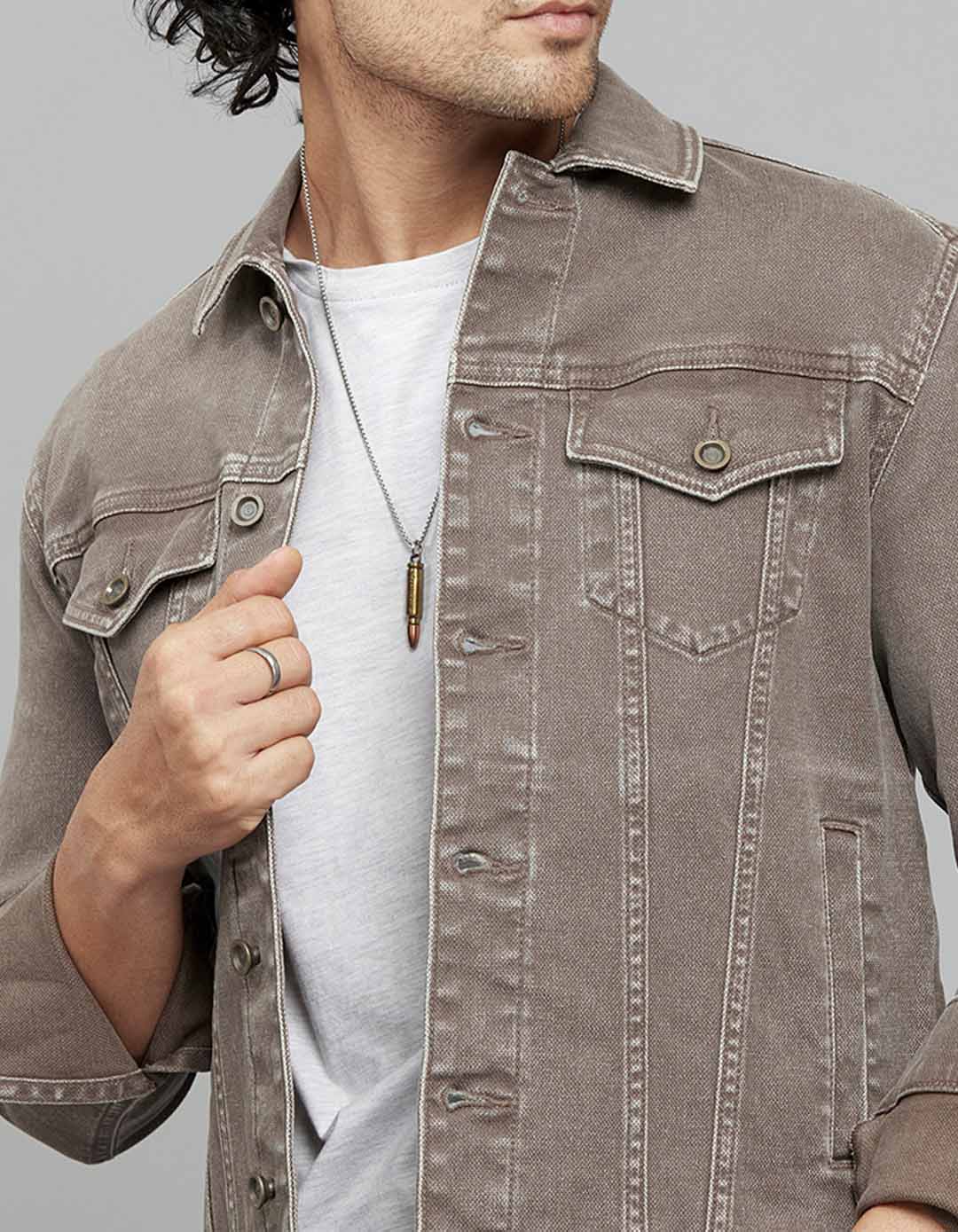 Khaki Button Front Closure Classic Flap Pocket Denim Jacket - Image 5