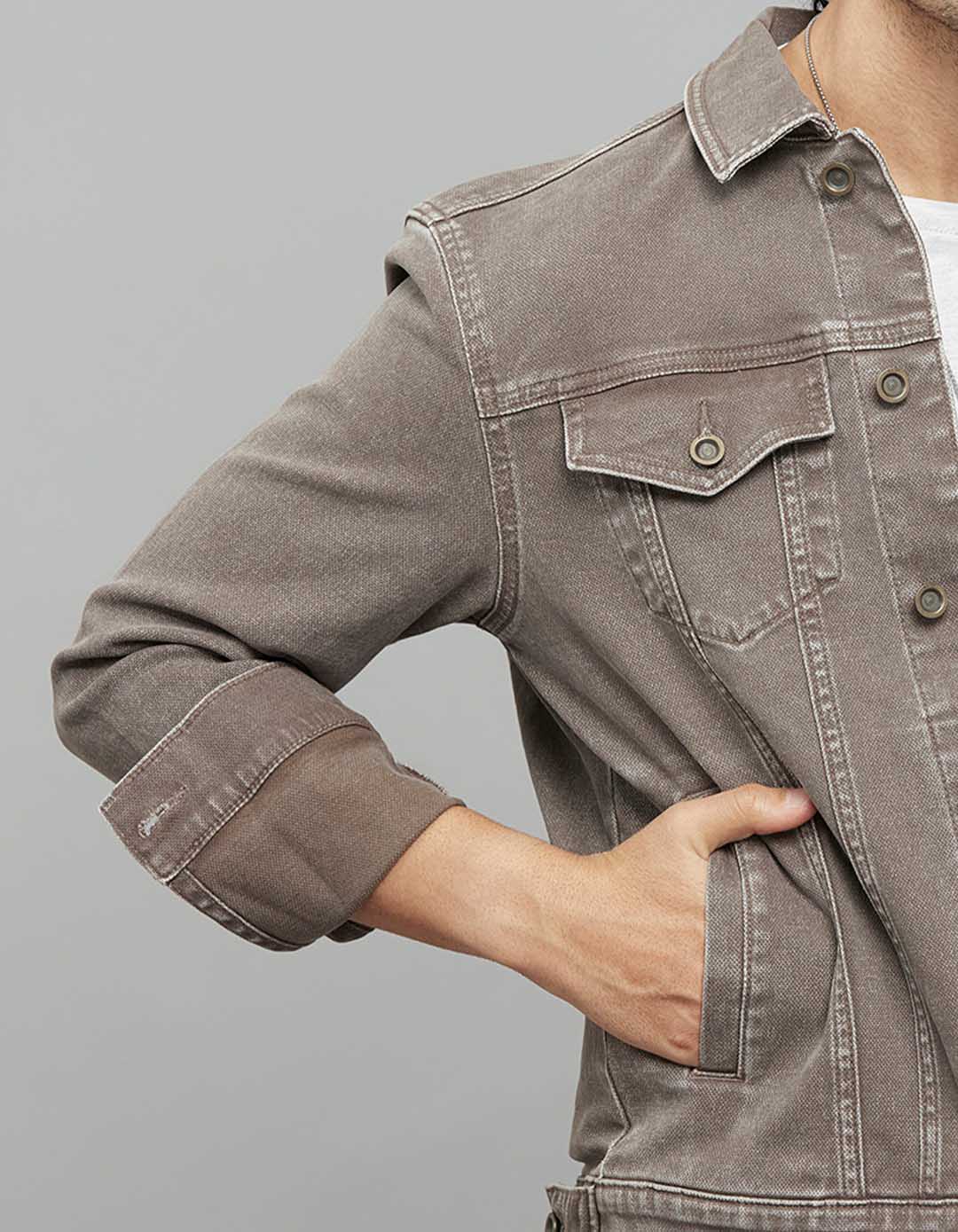 Khaki Button Front Closure Classic Flap Pocket Denim Jacket - Image 6