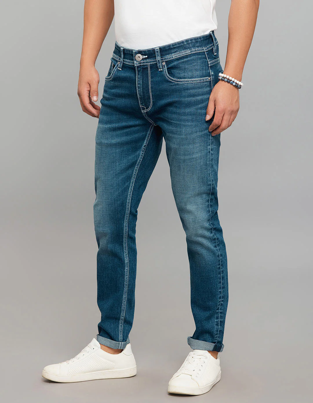 Medium Blue 5 Pocket Low-Rise Ankle Length Classic Stretch Jeans - Image 3