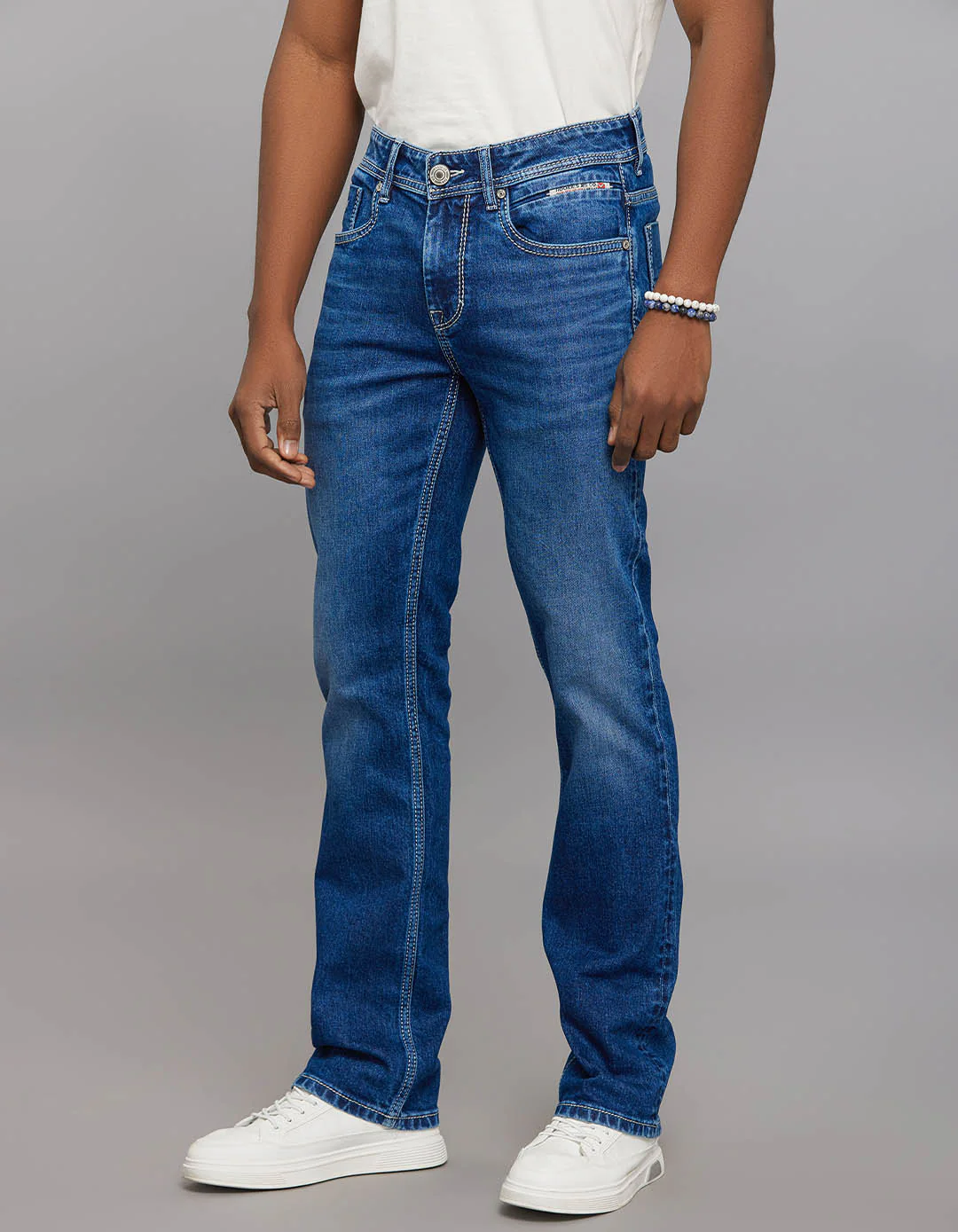 Medium Blue 5 Pocket Mid Rise Loose Boot Leg Stretch Jeans - Image 3