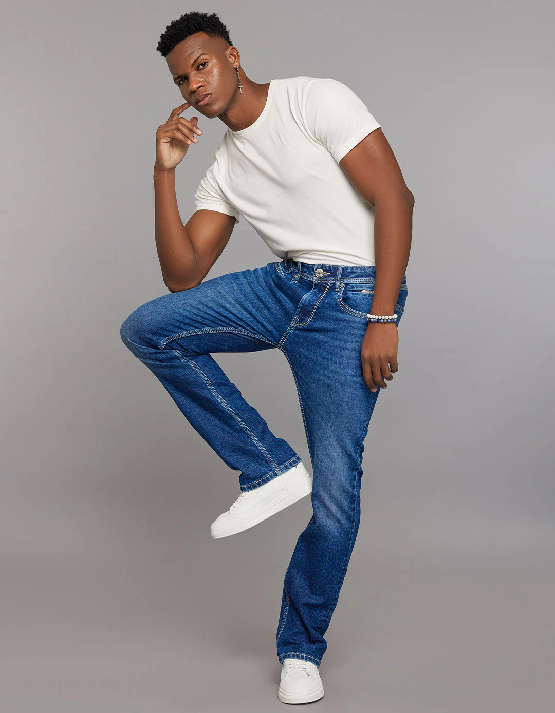 Medium Blue 5 Pocket Mid Rise Loose Boot Leg Stretch Jeans - Image 5