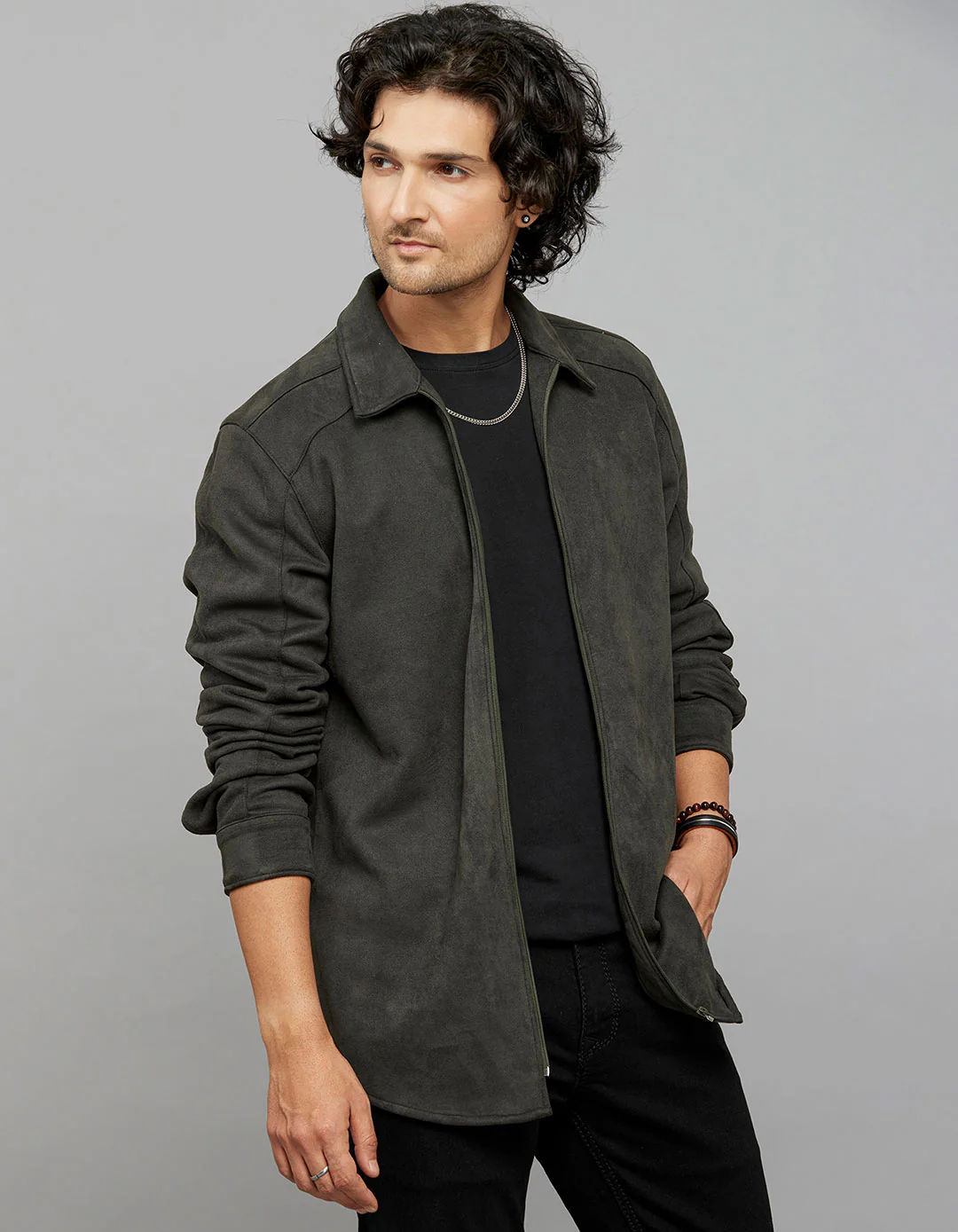 Military Green Full Sleeves Zipper Front Closure Suede Shacket - Image 3