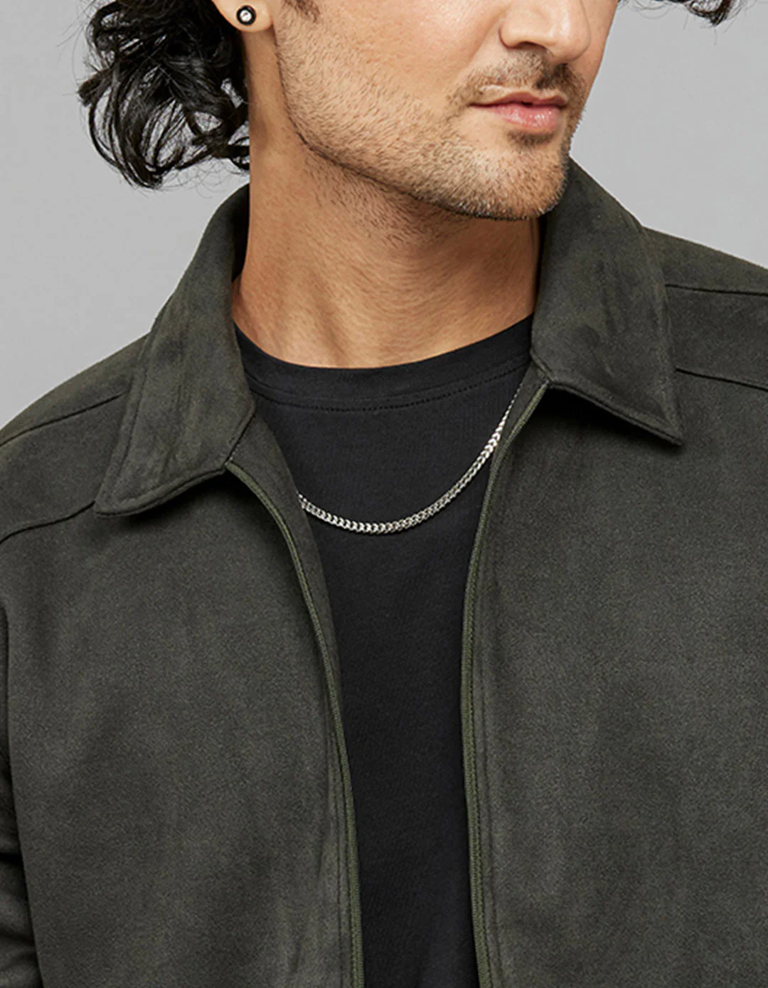 Military Green Full Sleeves Zipper Front Closure Suede Shacket - Image 4