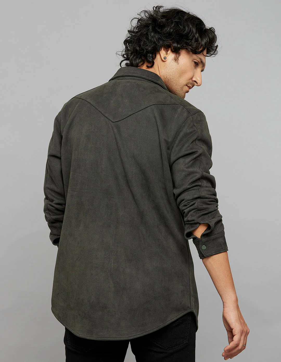 Military Green Full Sleeves Zipper Front Closure Suede Shacket - Image 5