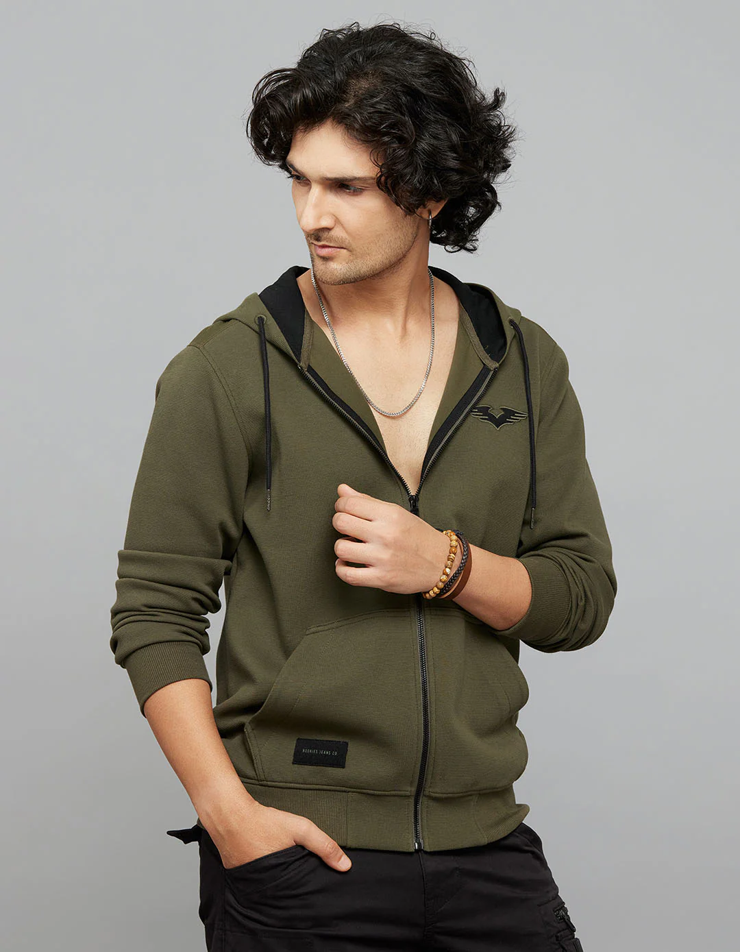 Military Green Zipper Front Full Sleeves Hoodie - Image 3