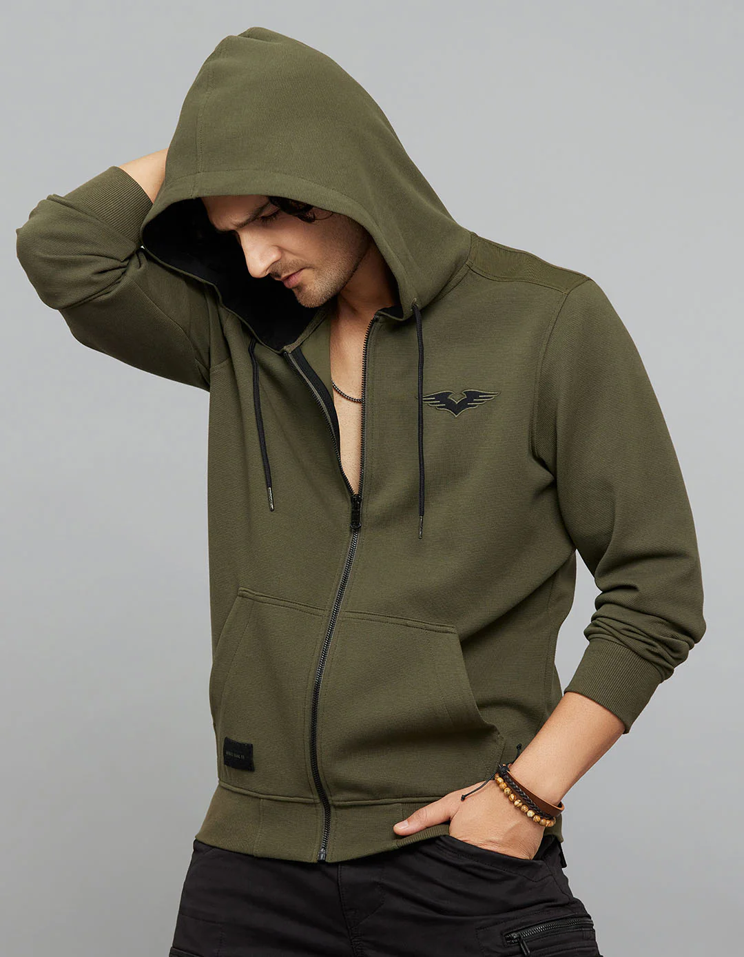 Military Green Zipper Front Full Sleeves Hoodie - Image 4