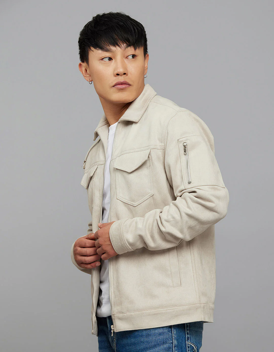 Stone Zipper Front Closure Long Sleeves Suede Jacket - Image 3