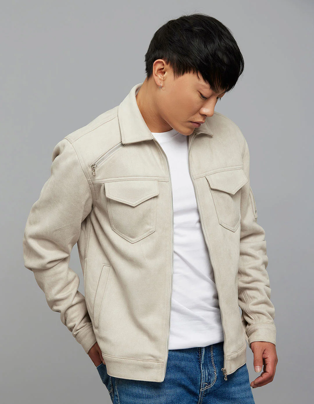 Stone Zipper Front Closure Long Sleeves Suede Jacket - Image 4